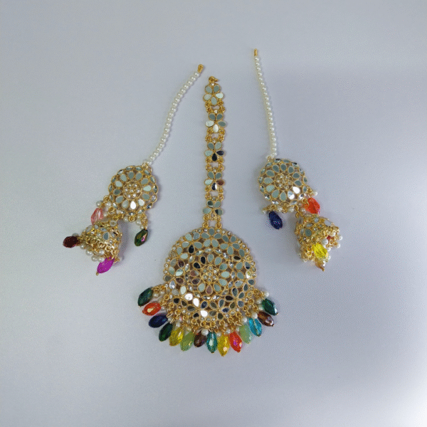 Traditional Indian Mirror Work Maang Tikka and Earrings Set