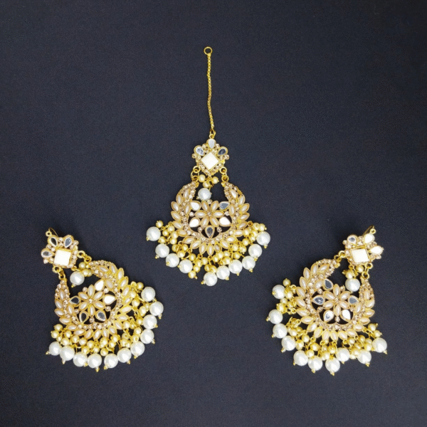 Kundan Earrings & Maang Tikka Set – Gold Finish with Pearls & Clear Stones – Bridal & Festive Jewelry