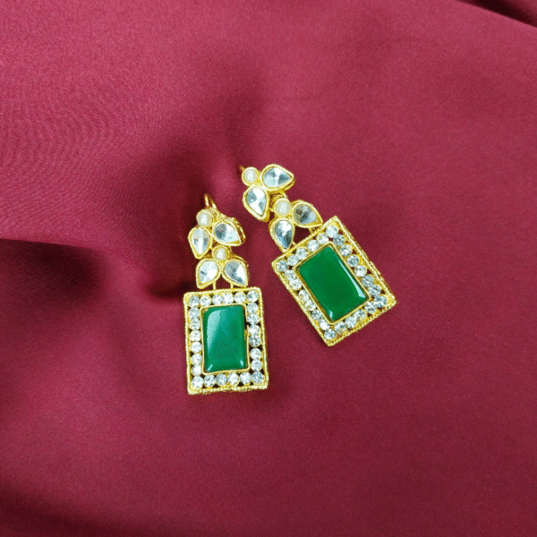 Rectangular Green Stone Earrings with Gold Base and White Accents