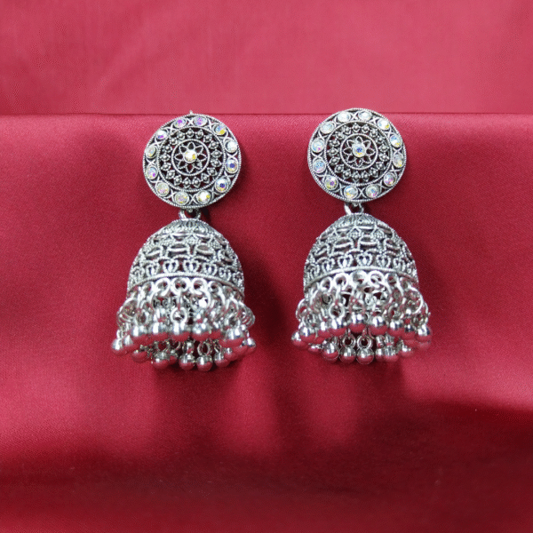 Traditional Oxidized Silver Jhumkas with Engraved Floral Design