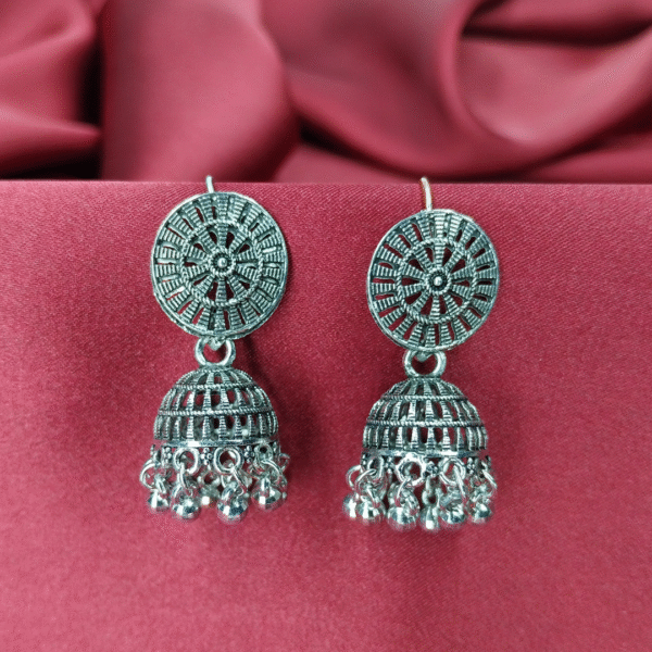 Ethnic Oxidized Silver Jhumka Earrings with Sunburst Stud and Beaded Fringe