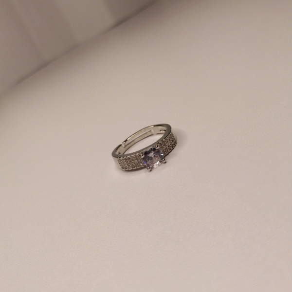 Elegant Silver-Tone Purple Gemstone Ring – Intricate Moissanite-Inspired Design