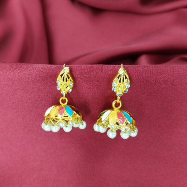 Gold-Toned Teardrop Jhumka Earrings with Enamel & Pearl Accents