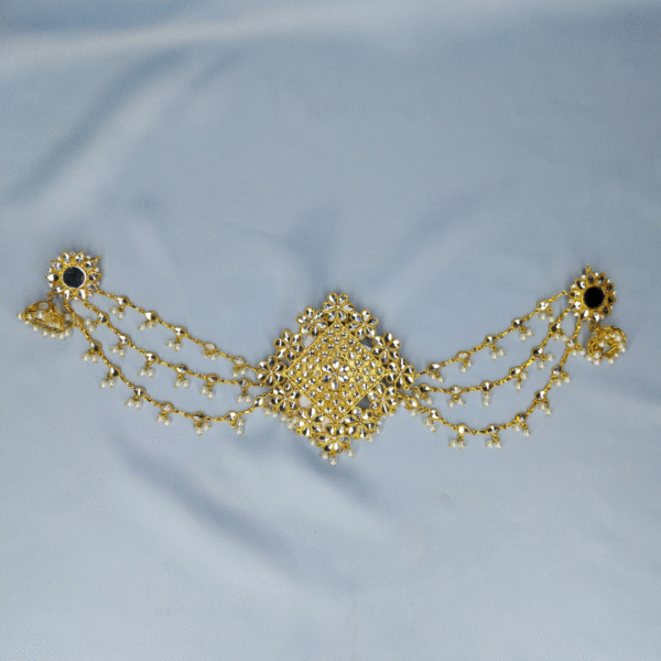 Traditional Gold-Plated Kundan & Stone Bridal Hair Jewelry with Attached Earrings – Antique Finish