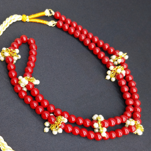 Traditional Double-Strand Beaded Necklace – Red, Golden & White Variants with Floral Pearl Clusters