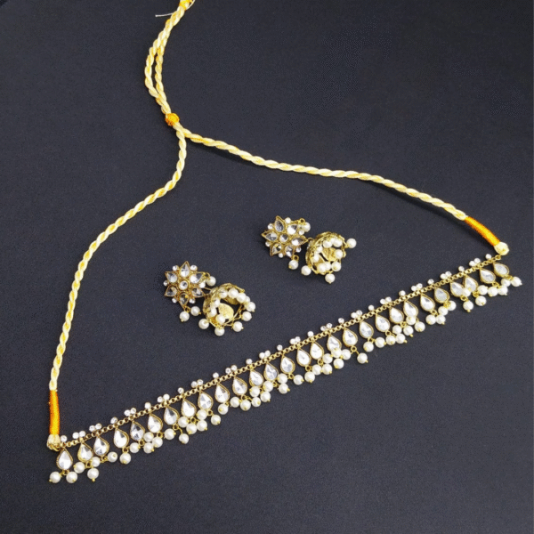 Traditional Kundan Choker Necklace Set with Faux Pearls & Matching Earrings